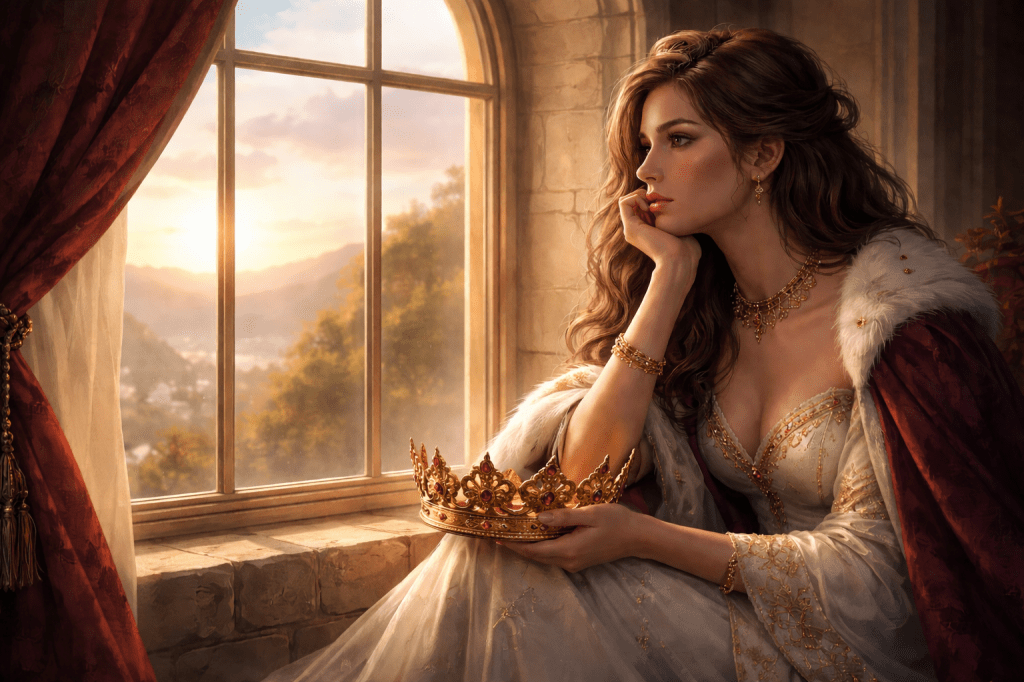 A Queen hilds her crown in her hand as she looks thoughtfully out of the window. AI generated image. 