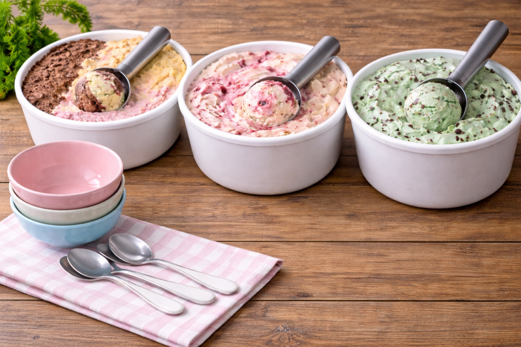 “Three round tubs of ice cream on a rustic wooden table — Neapolitan, raspberry swirl, and mint chocolate chip — each with a metal scoop, with pastel dessert bowls and spoons in the foreground.”