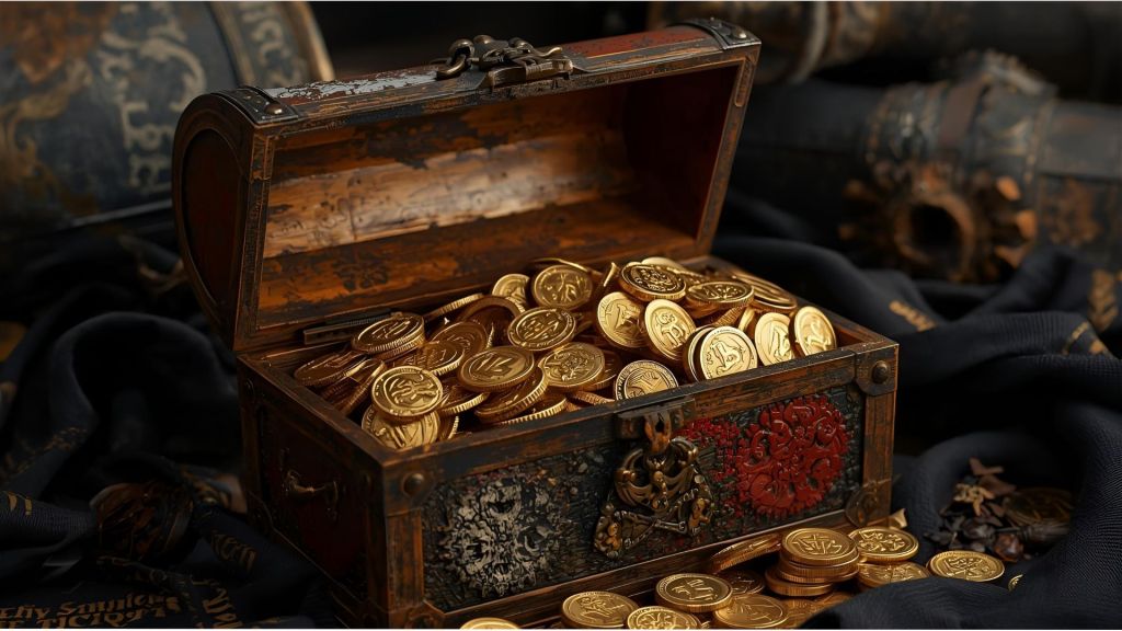 Ai generated image of pirate gold. Image relates to post mentioning pirate galleons.