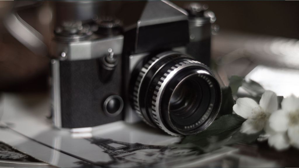 camera with flowers, suggests modelling