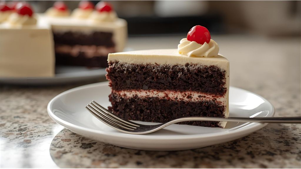 An AI generated image of a slice of nlack forest cake. 