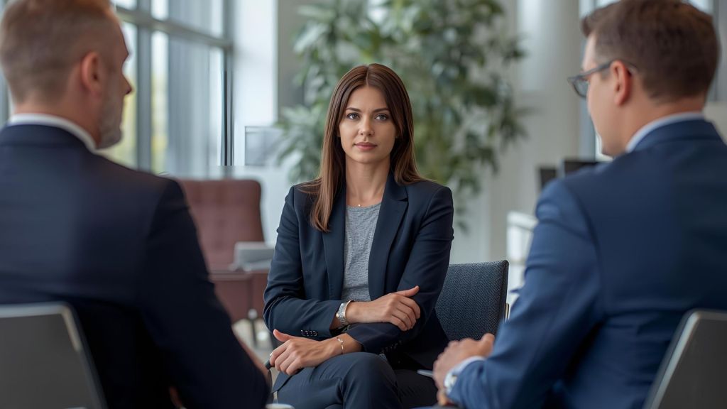 Rwo men and a woman in a business meeting. AI geenrated image