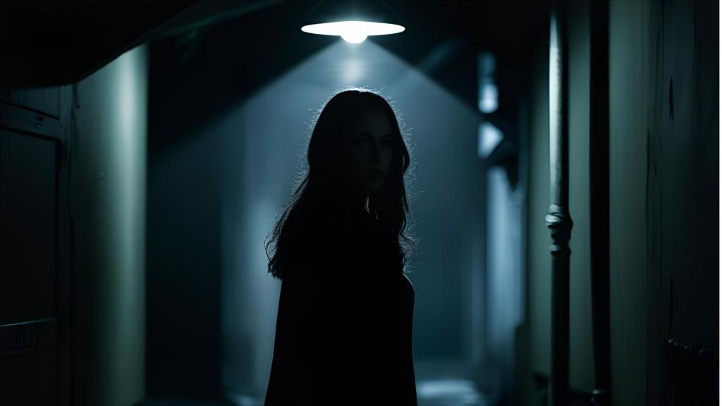 A woman aopears under a a spotlight. Image suggests mystery,