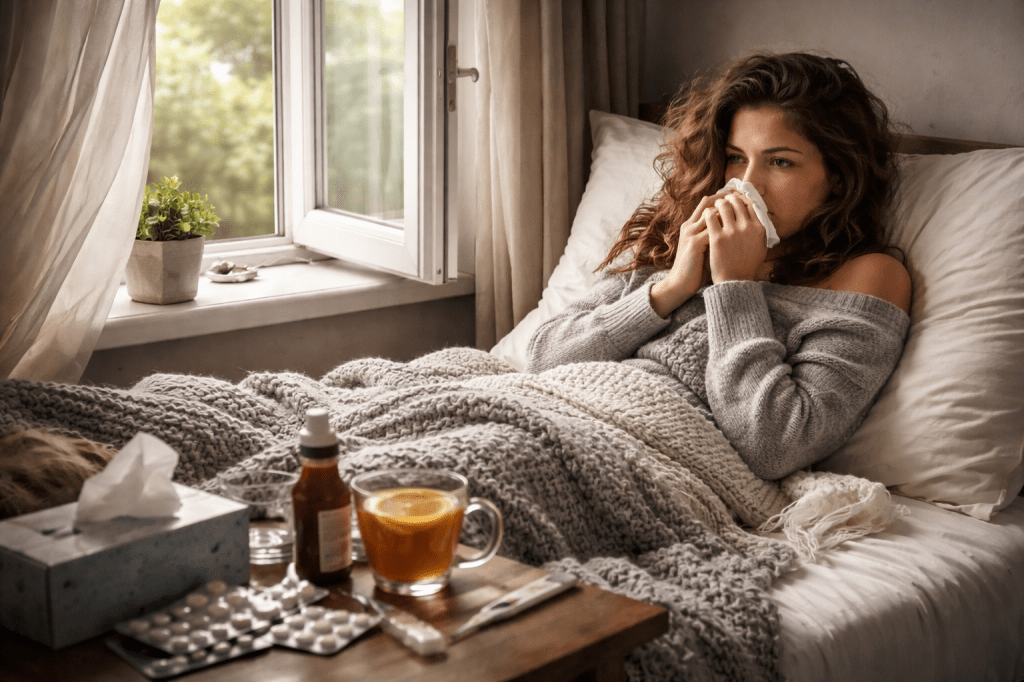 A woman rests in bed and recovers from the flu. AI generated image. 