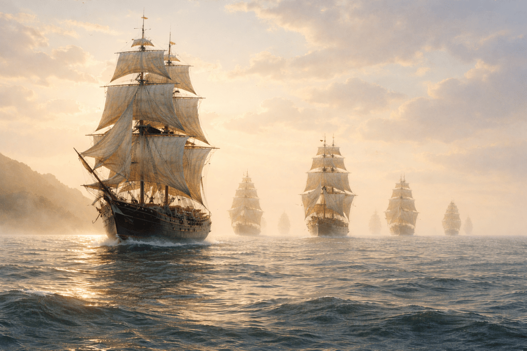 Fleet of tall sailing ships approaching across a calm sea at sunset. AI generated image.