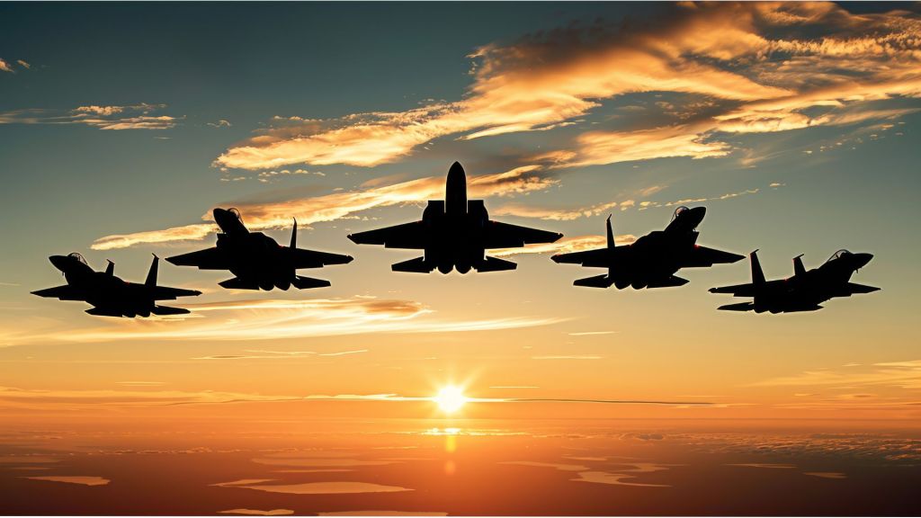  squadrom of fighter jets fly towards the camera at sunset