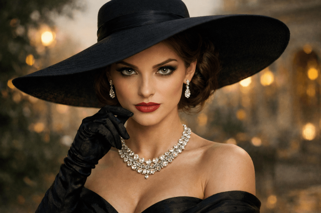 A fair lady in a wide-brimmed black hat and elegant gown, wearing diamond jewelry and black gloves, gazes toward the camera against a softly blurred, golden background. AI generated image.