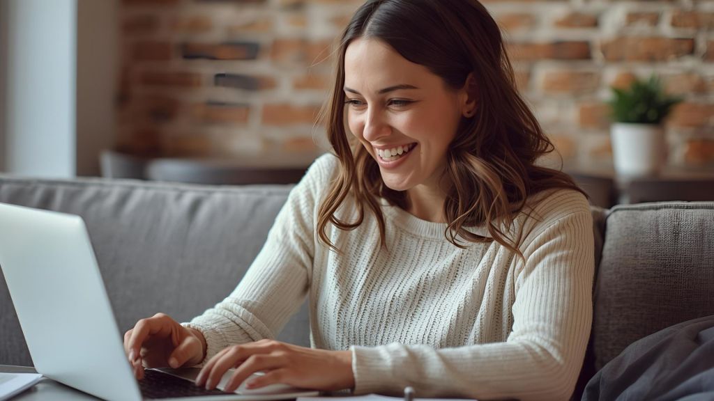 A woman smiles while she uses a laptop, suggests blogging