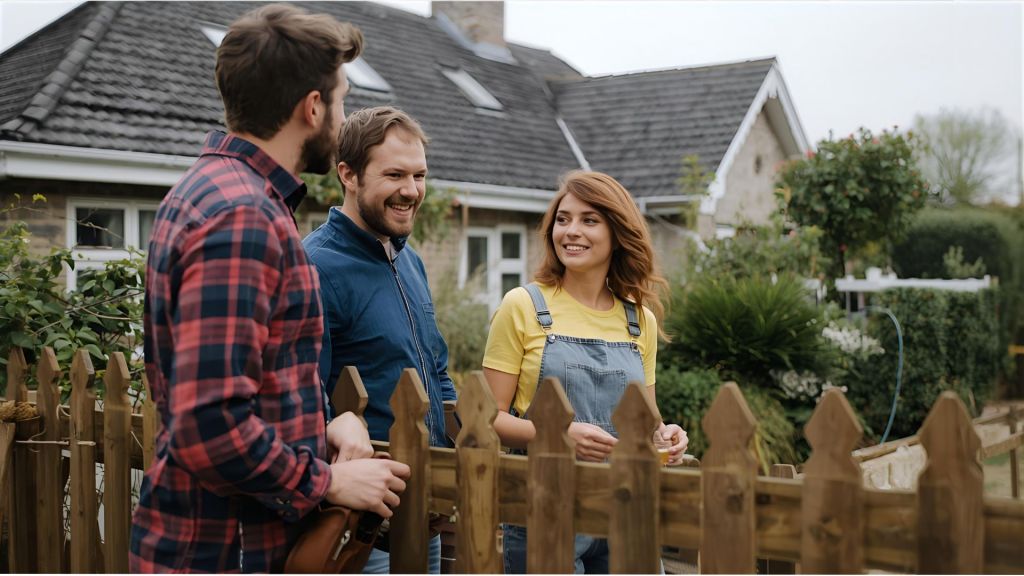 A young couple talk to their male neighbour over a garden fence, AI generated image. 