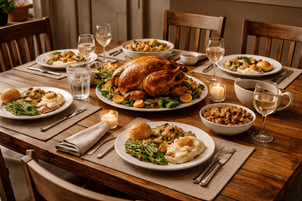 Landscape image of a warm, cosy dining table set for six with a roast turkey centerpiece, surrounded by plated dinners, vegetables, candles, and soft ambient lighting in a home dining room.