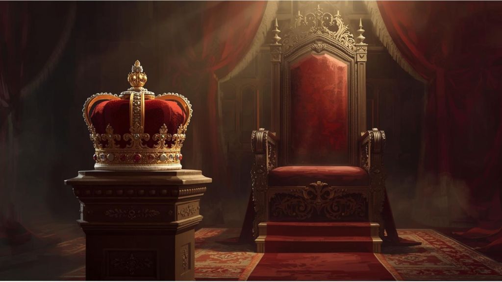 AI generated image of a crown next to a throne. Suggests royalty, a king.