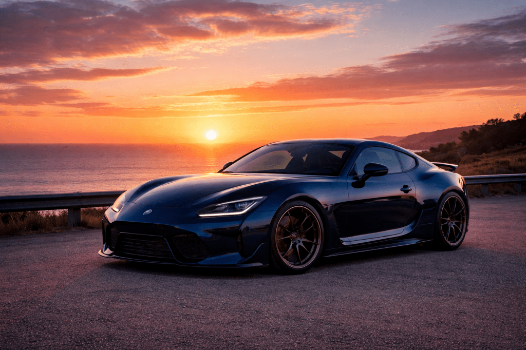 An AI generated imag of a sports car at sunset