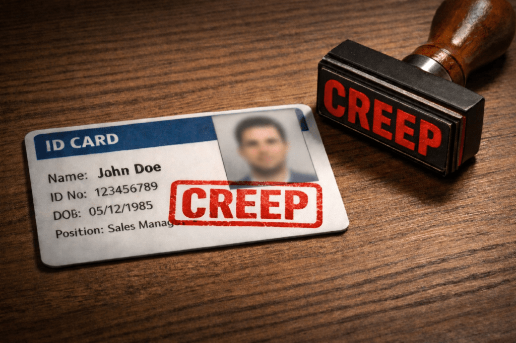 Fictional employee ID card for “John Doe” lying on a wooden desk, stamped in red with the word “creep,” with a rubber stamp resting beside it under warm desk light, symbolising how labels can mark a person’s identity and reputation.