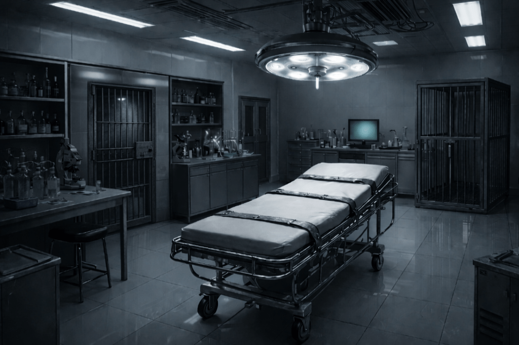 i generated imagine of a forbitten laboratory with cells. Suggests medical kink testing.