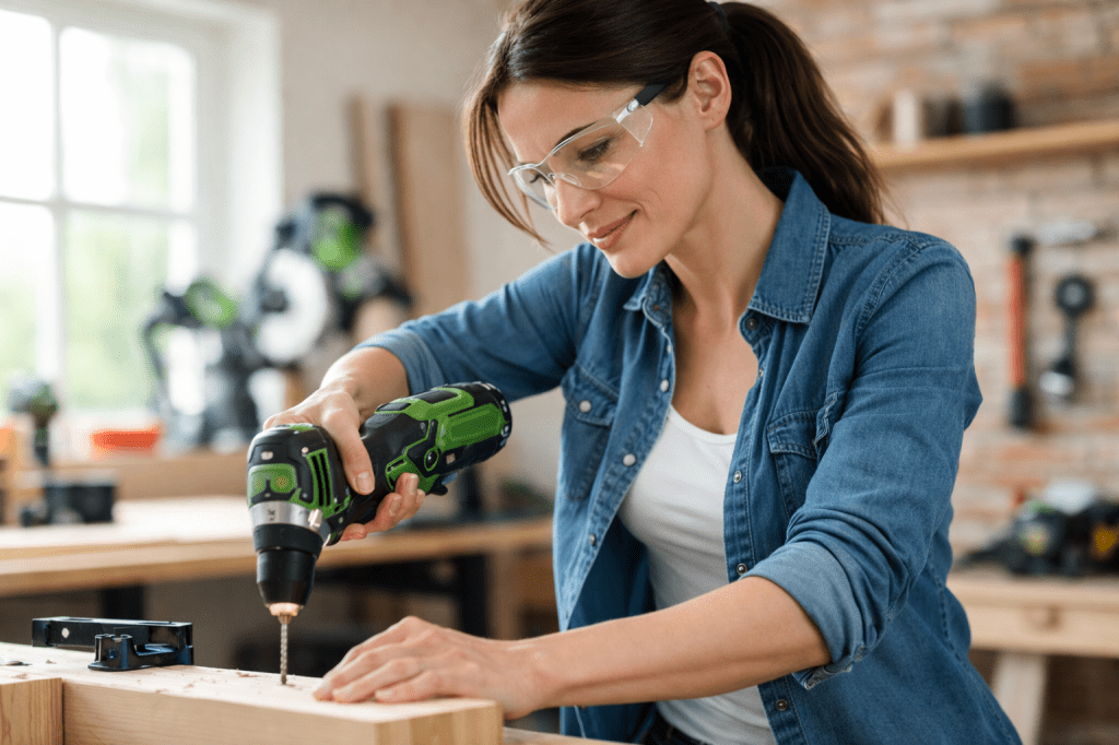 A woman using a combl drill in a workship. AI generated image.