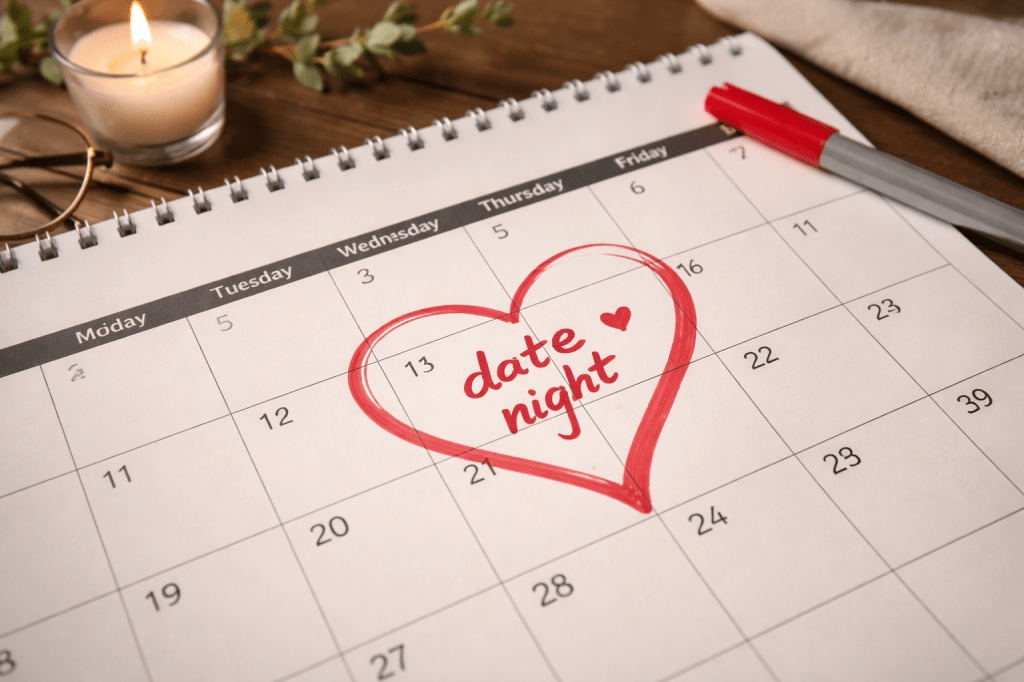 A red heart markks date night on a calendar. Ai generated image