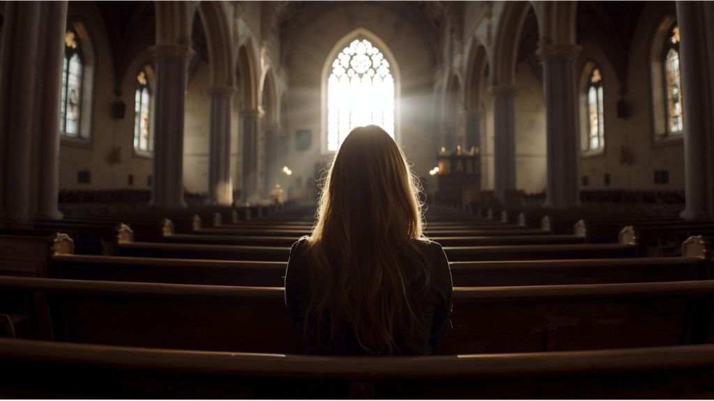 A woman reflects quietly in church. Post erlates to returning to Christianity. 