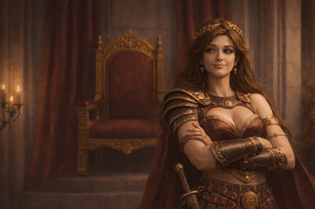 A gladiator queen in a throne room. AI generated image.