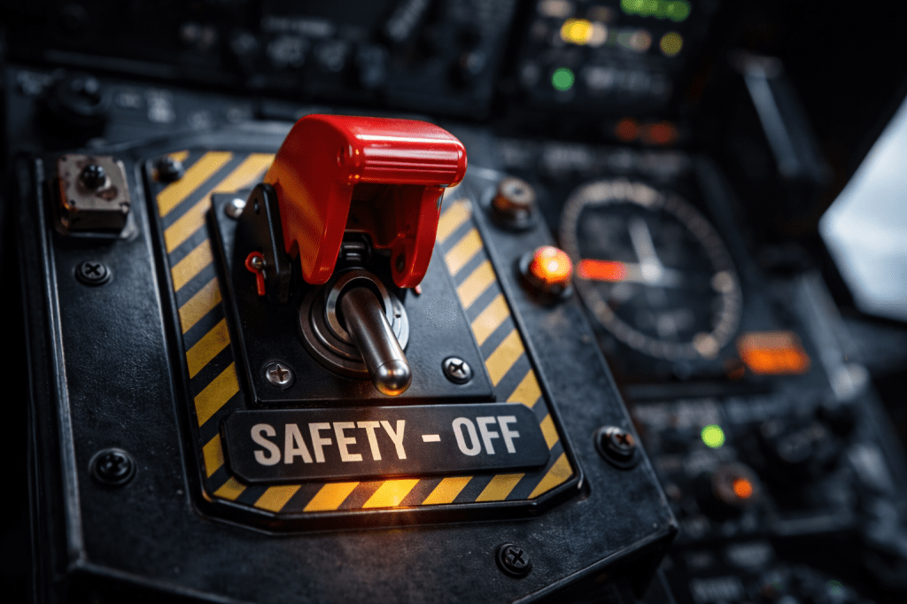 Red safety switch in a fighter jet cockpit with the protective cover flipped open and the toggle pointing downward to OFF, hazard stripes and control panels visible — symbolising “back in the danger zone.”