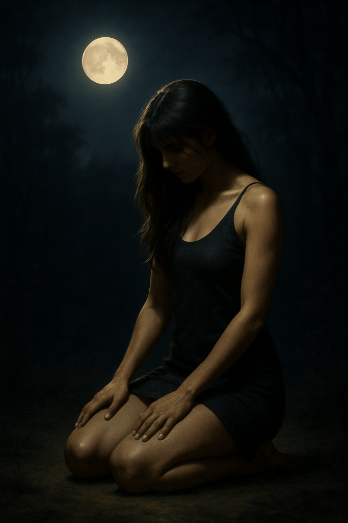 A submissive woman kneels iun the moonlight