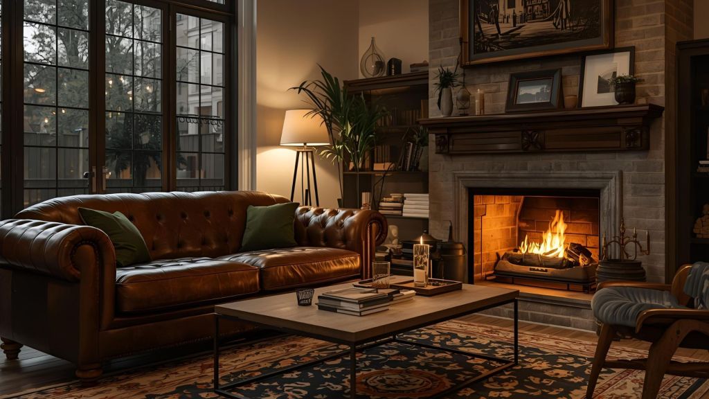 A cosy lounge with a leather sofa aand fireplace. AI generated. 
