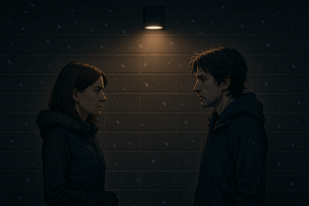 an illustrated image of a mid-shirties man and woman talking outside in a dark wintery night. AI generated image