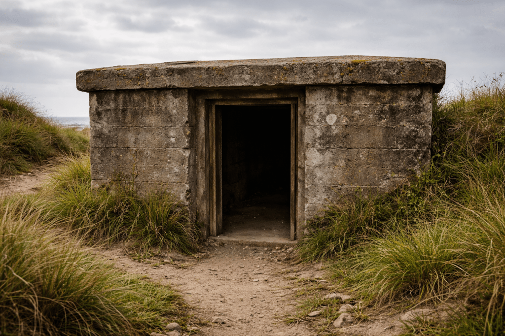 Abandoned military pillbox in a grassy coastal landscape, its dark doorway facing the viewer like a silent invitation — a visual metaphor for a prisoner in the batle for love.