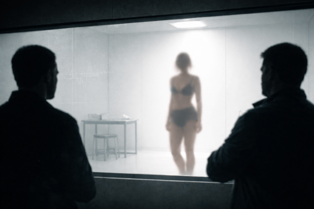 Moody digital art of a woman standing in a bright, clinical white room behind glass, observed by two shadowed figures — symbolizing consent, control, and “kinky fuckery science.”