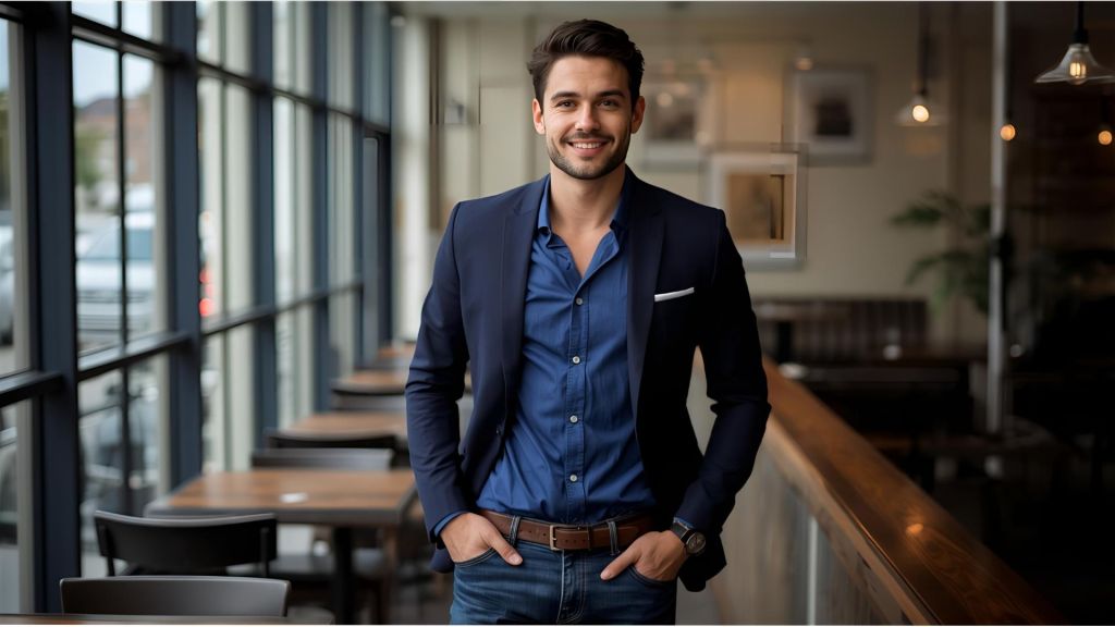 A man in a navy blazer, blue shirt and jeans. AI generated image. 