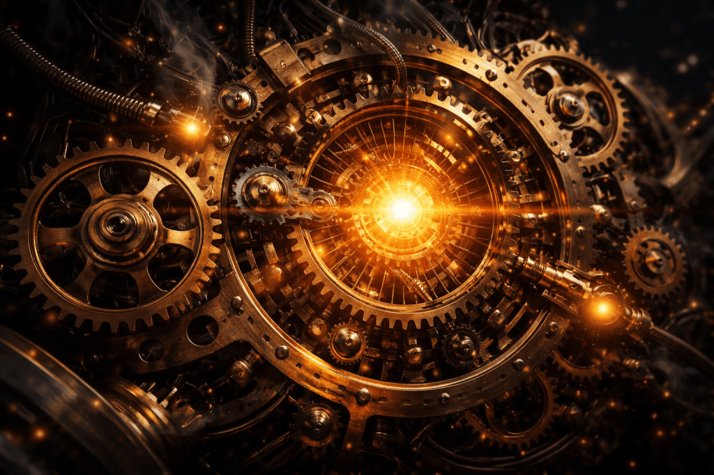 A close-up of an intricate mechanical system of interlocking cogs and gears surrounding a glowing central core, symbolising a powerful machine coming back to life, with warm golden light illuminating the dark metallic components.