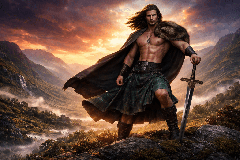 A muscular, god-like man stands on a rocky Highland cliff at sunset, wearing a green tartan kilt and a dark flowing cloak with fur at the shoulder. His long hair blows in the wind as he rests one hand on a broadsword, overlooking a misty valley of mountains and waterfalls beneath a glowing orange sky.