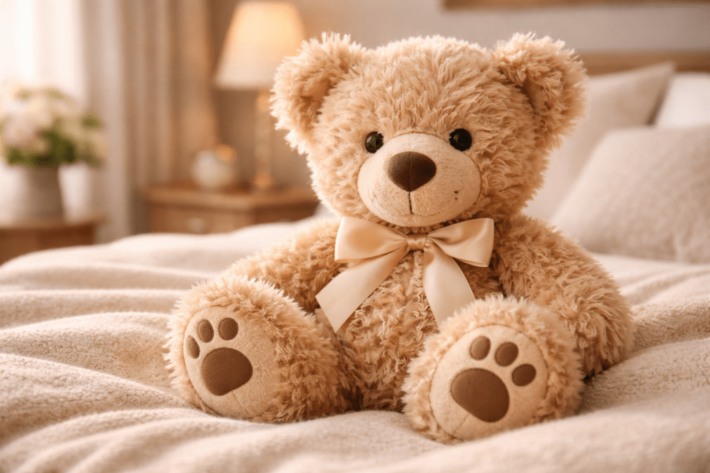 A soft, shaggy, sand-coloured teddy bear sits upright on a cream bedspread in a cosy bedroom. The bear has fluffy textured fur, dark button eyes, and a small ribbon tied neatly around its neck, with a softly blurred bedside lamp and cushions in the warm-toned background creating a calm, inviting atmosphere.