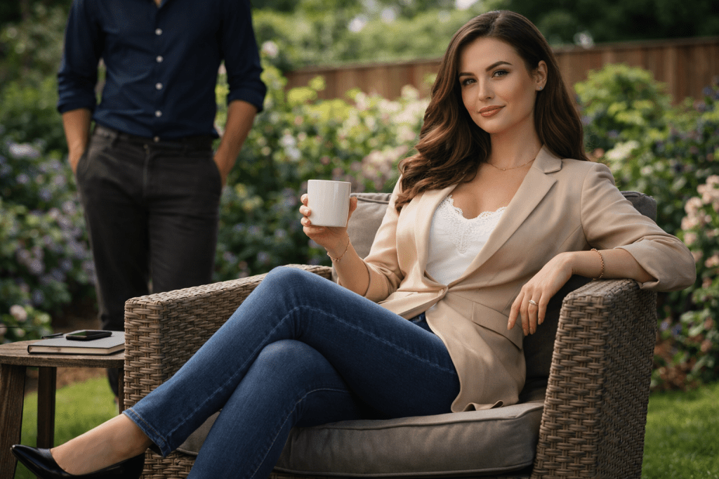 A wo0man sits on a garden chair and drinks from a cup witha quiet confidence, a man in smart clothing stands behind her.
