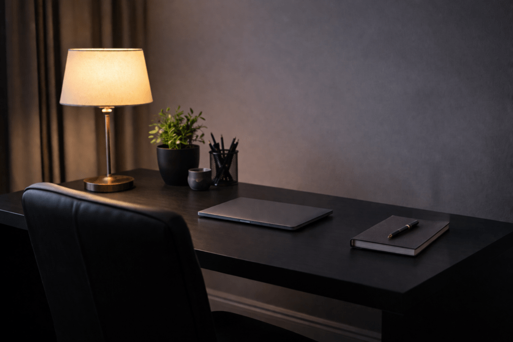 Minimalist home office desk with closed laptop, shut planner with pen on top, warm table lamp lighting, and black chair in a modern workspace