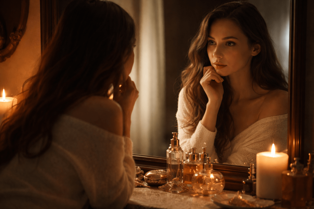 Contemplative woman gazing at her reflection in a softly lit mirror, warm candlelight illuminating a vanity table with perfume bottles and jewellery, creating an intimate, reflective mood.