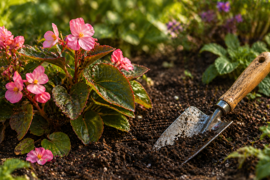 Close-up of pink begonias planted in dark soil with a small hand trowel resting nearby in a sunlit garden.