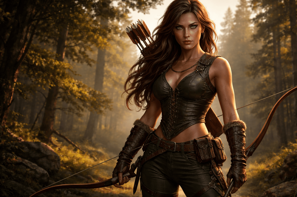 Focused huntress in fitted leather gear, gripping a bow in a golden forest landscape, poised and ready as light filters through the trees.