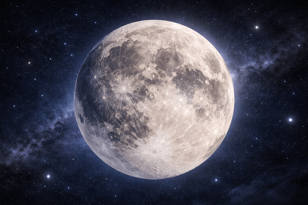 High-resolution close-up of the full moon showing detailed craters and lunar surface textures, set against a dark star-filled sky with faint nebula clouds in the background.