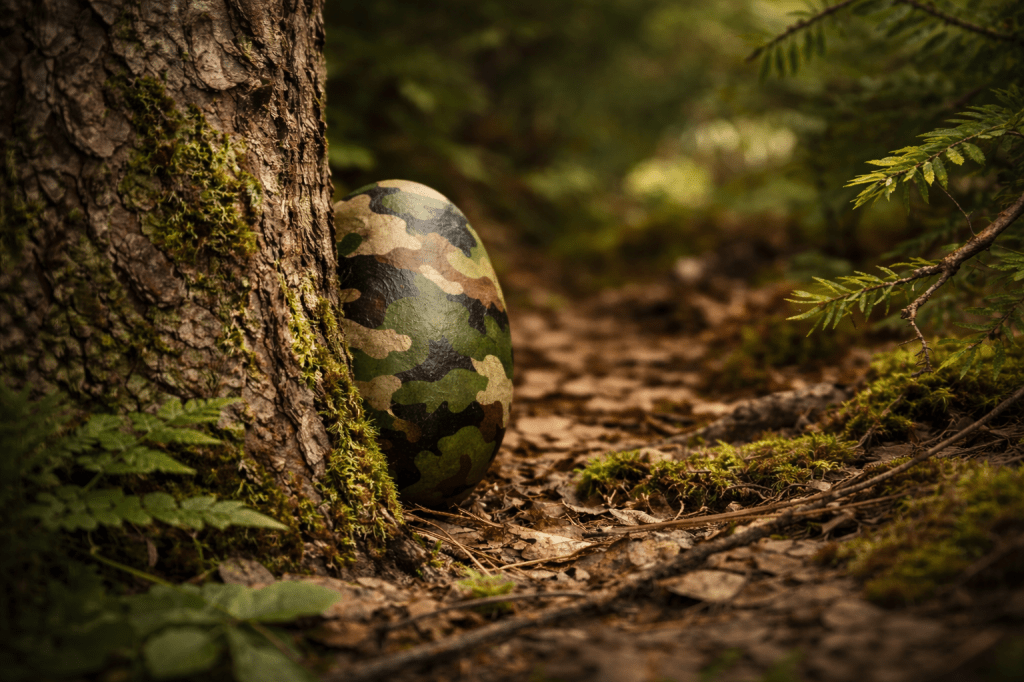 Camouflage Easter egg hidden behind a tree in a woodland setting, symbolising surprise, strategy, and hidden gifts in nature.