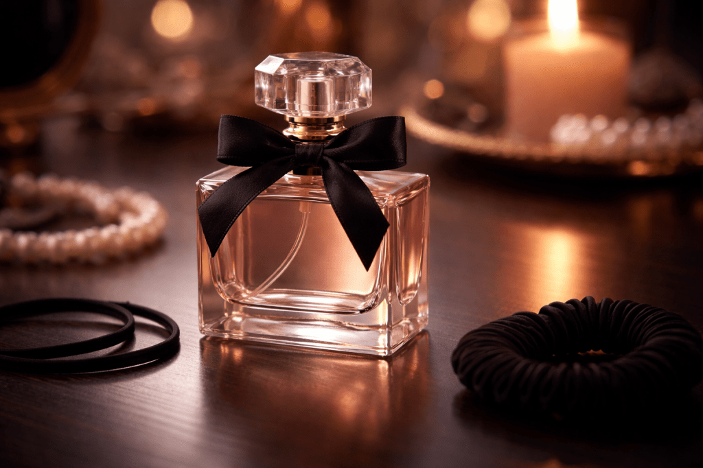 Blush pink perfume bottle with a black ribbon bow on a wooden table, surrounded by black hair ties, pearls, and a lit candle in soft, warm lighting.