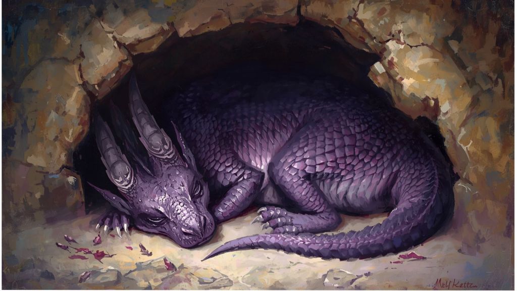 A purple dragon resting in its den, suggests a mysterical and powerful creature.