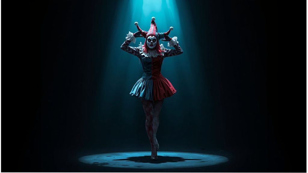 A female jester in an empty circus under a spotlight